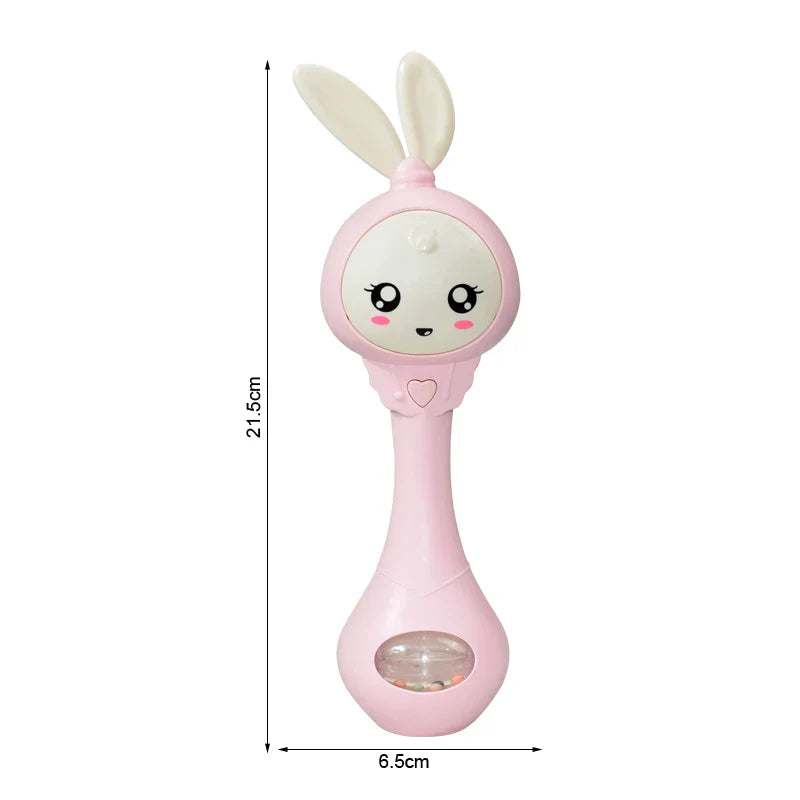 Pink bunny-shaped baby music teether rattle with white ears and clear window for education mobile cot and crib infant pacifier