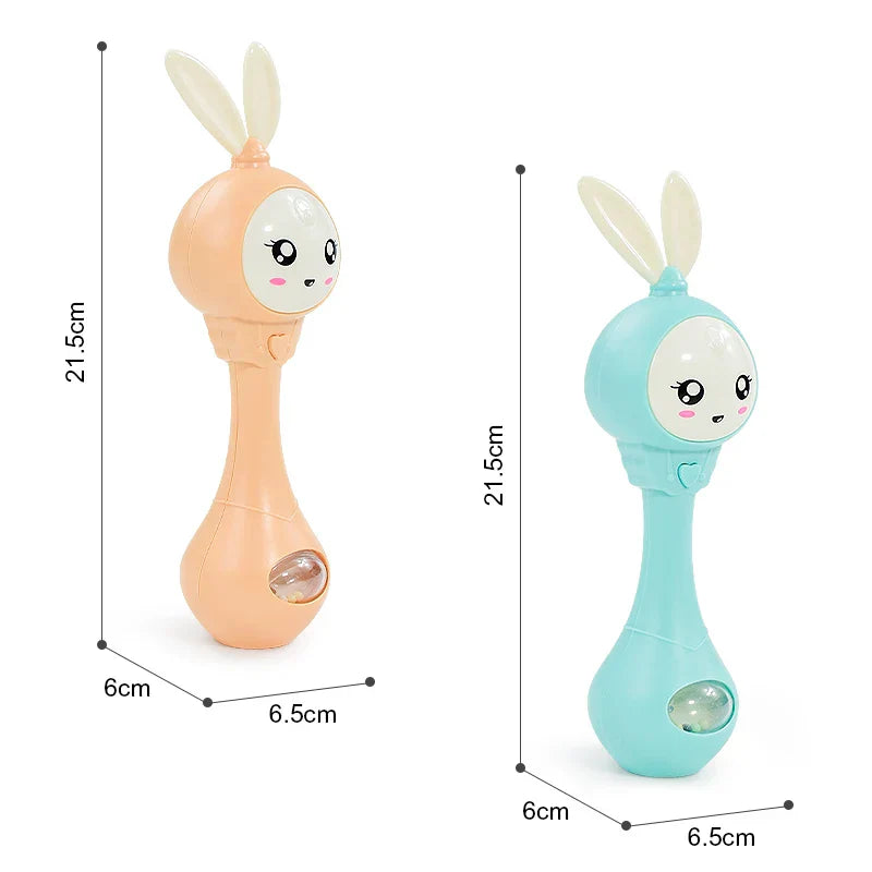 Cute pastel-colored bunny-shaped baby music teether with soft plastic body and translucent gem detail for crib infant use