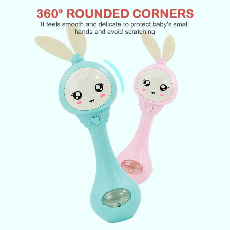 Cute pastel-colored baby music teether with bunny ears designed for education mobile cot and crib infant pacifier use