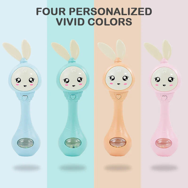 Four pastel baby music teether rattles with bunny faces and translucent bases for education mobile cot and crib infant pacifier use
