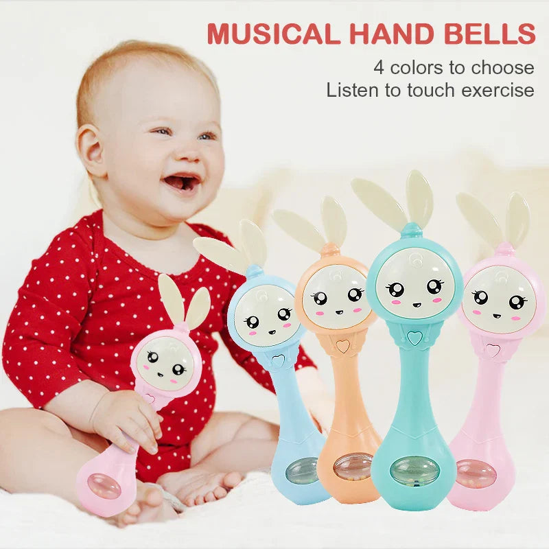 Baby music teether featuring pink blue orange and teal bunny-shaped musical hand bells with translucent sections for education mobile cot and crib infant pacifier use