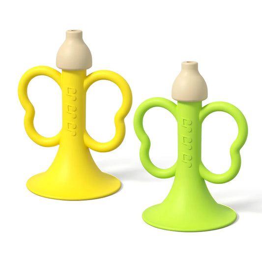 Bright yellow and lime green silicone trumpet baby music toys with wooden tops for children early montessori learning