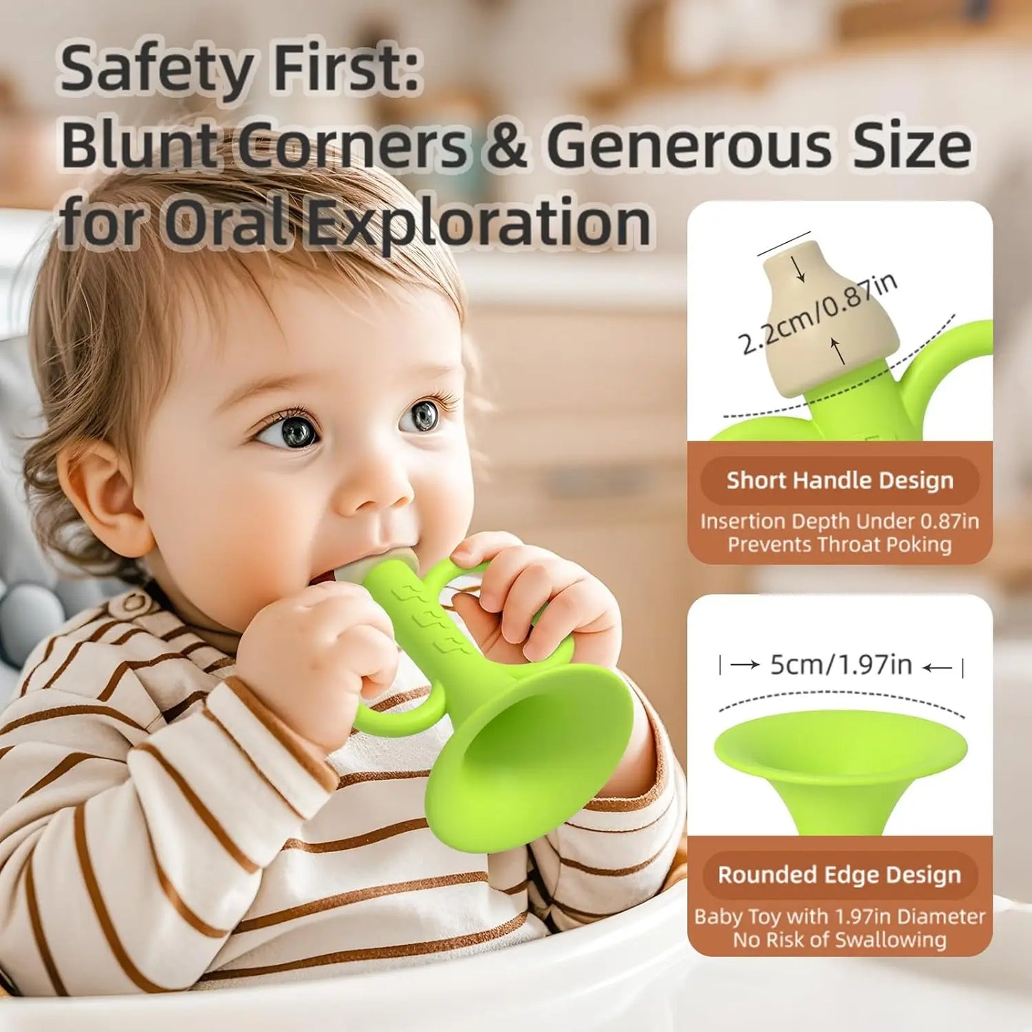 Bright green silicone baby teether shaped like a trumpet for children early montessori colorful musical instruments toy