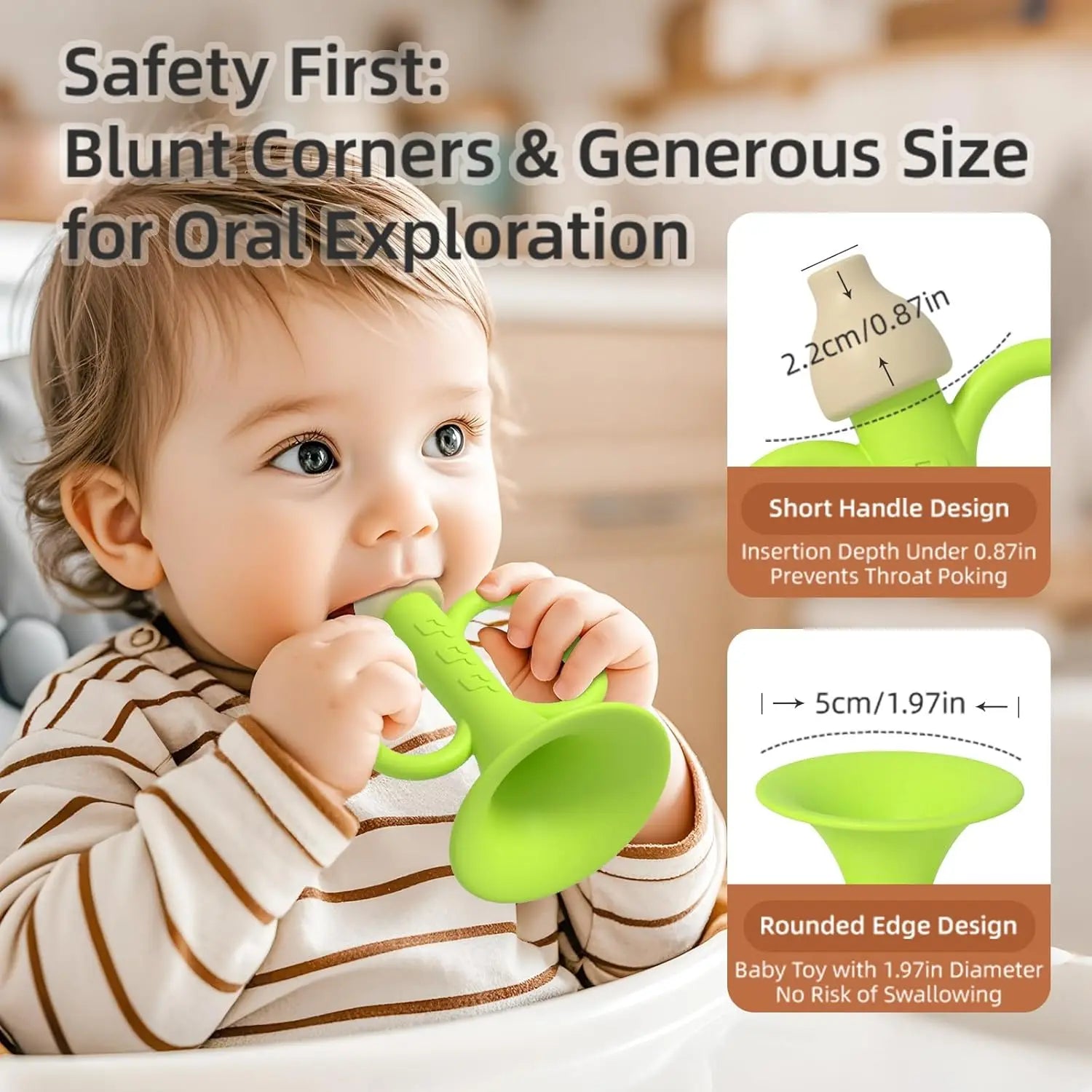 Bright green silicone baby teether shaped like a trumpet for children early montessori colorful musical instruments toy