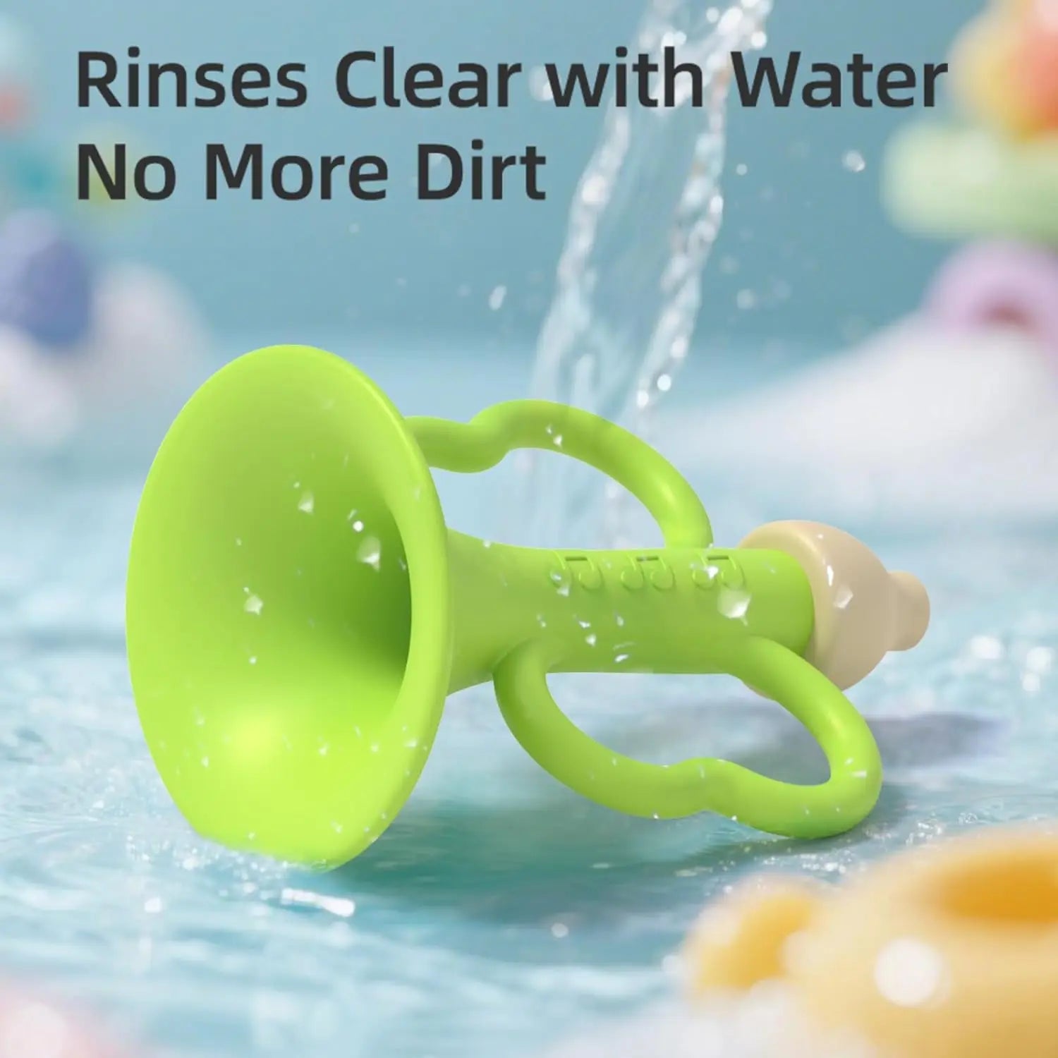 Bright green silicone trumpet baby teether with beige nipple attachment montessori educational toy for children early montessori