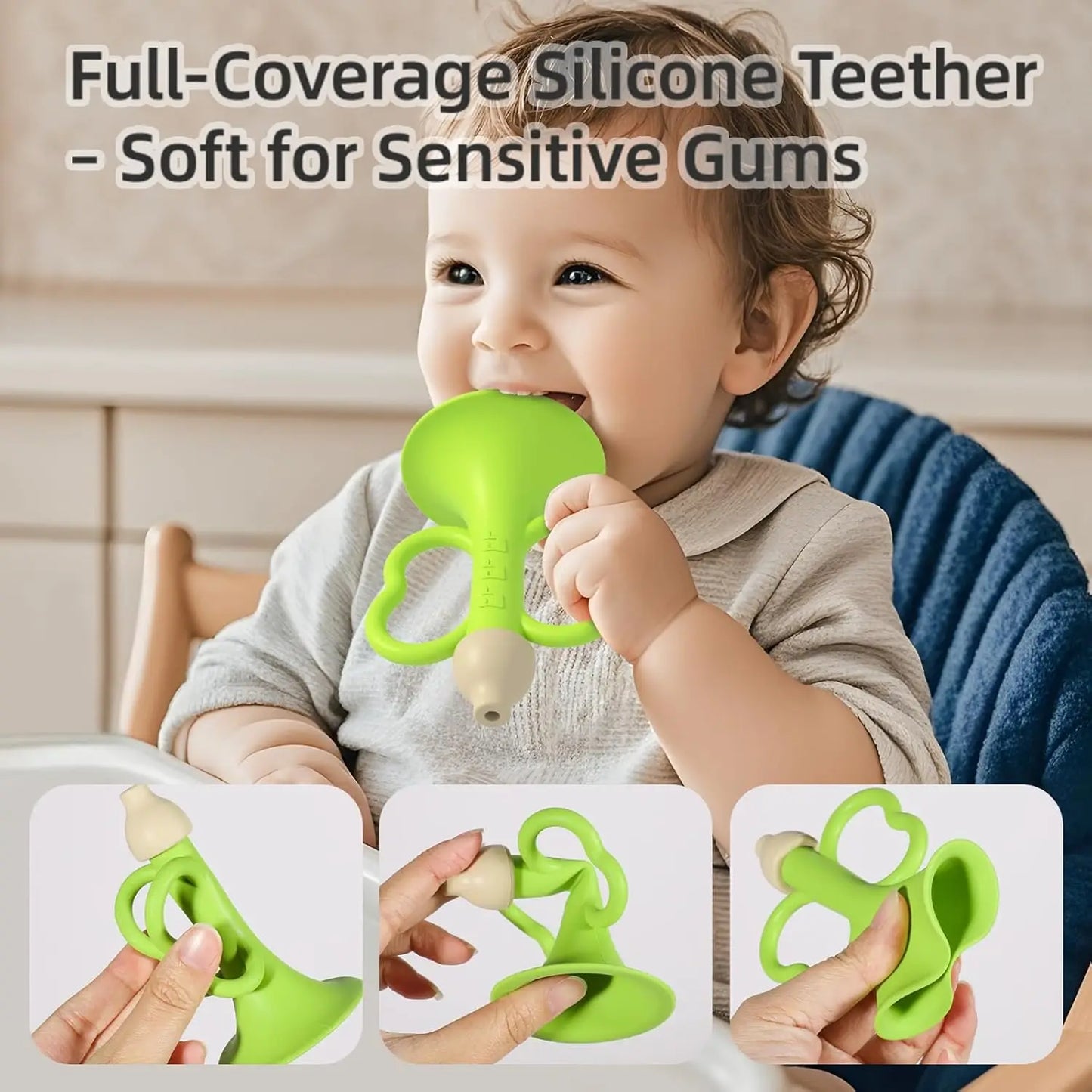 Bright green silicone heart-shaped teether with wooden handle designed as a montessori educational toy for children early montessori colorful musical instruments