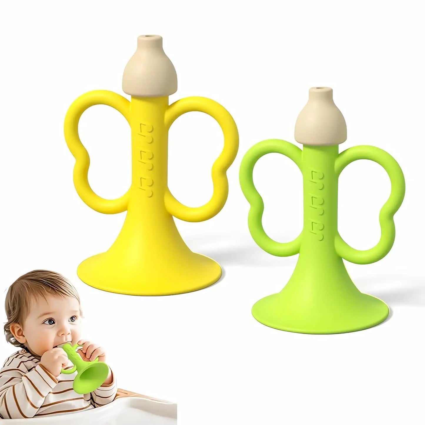 Bright yellow and lime green silicone baby teething toys shaped like bananas with wooden tops for children early montessori use