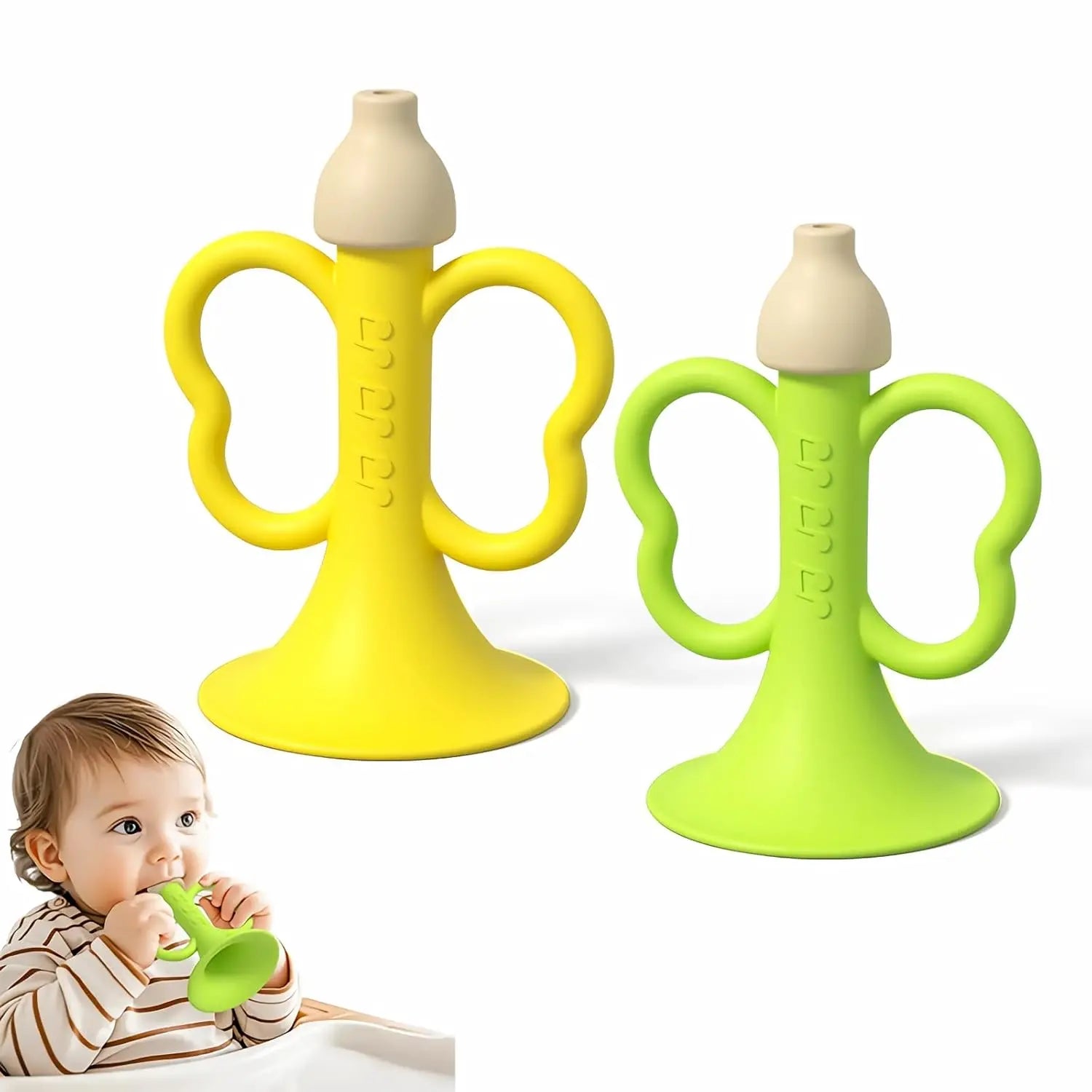 Bright yellow and lime green silicone baby teething toys shaped like bananas with wooden tops for children early montessori use