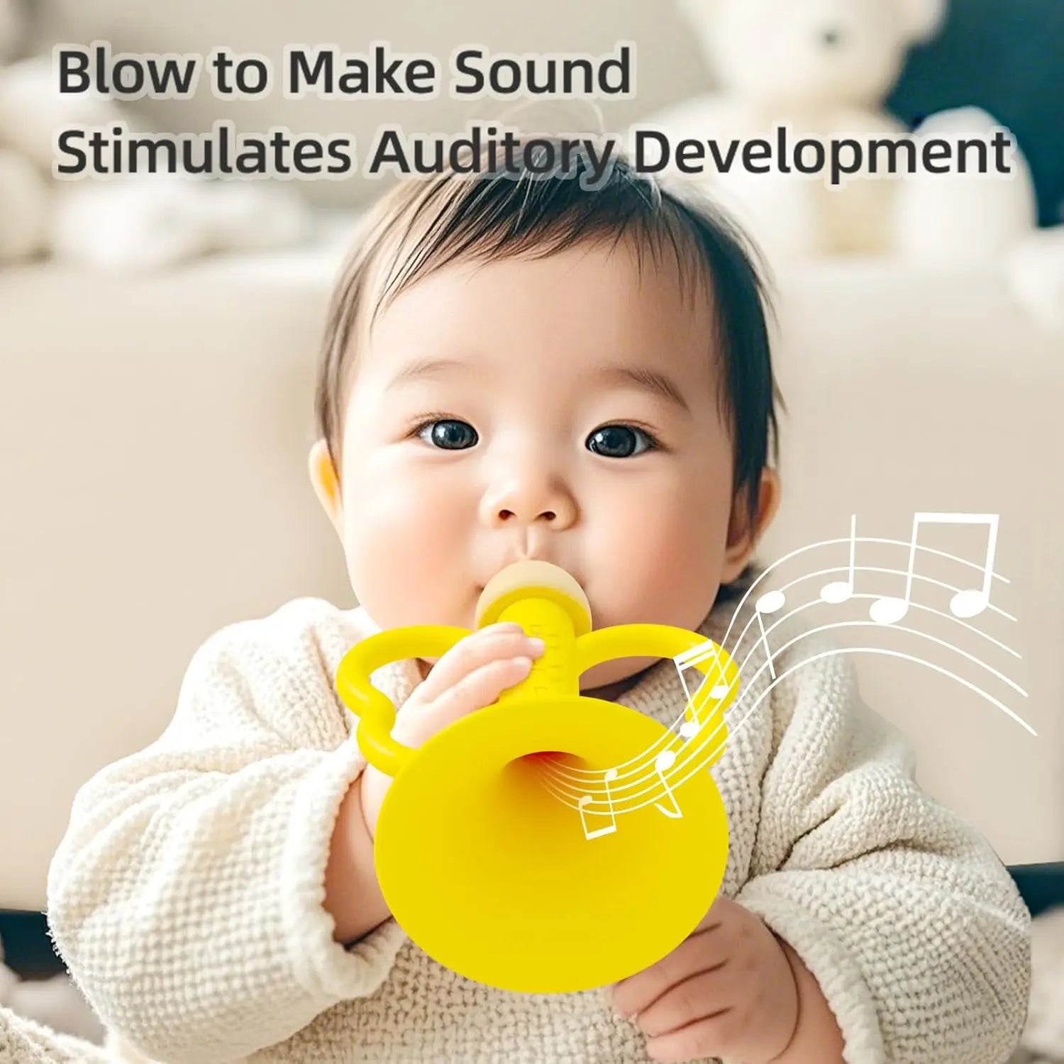 Bright yellow silicone baby toy trumpet designed for soothing sounds as a colorful musical instrument montessori educational toy