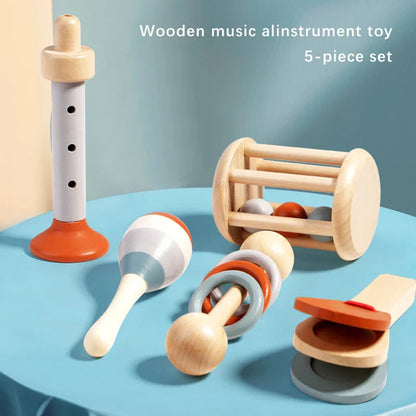 Wooden music toys montessori set with flute orange base, blue striped maracas, clappers, and ball-in-wheel rattler for toddlers