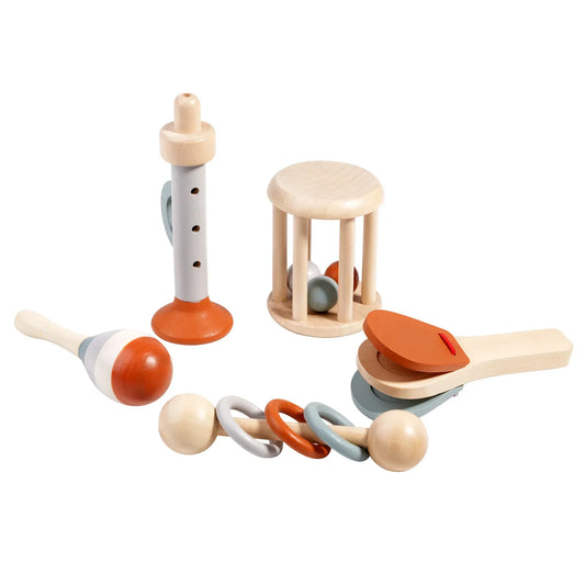 Set of wooden baby music toys in natural wood with orange and gray accents including maraca rattle and tambourine