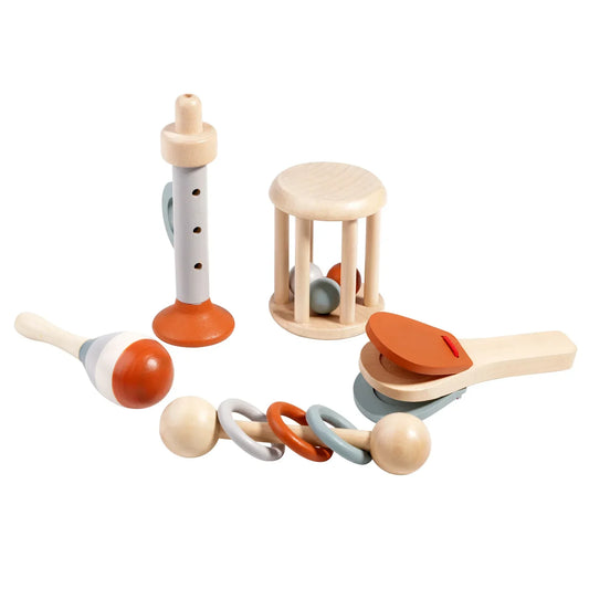 Set of montessori music toys wooden child percussion instruments in natural wood with orange and gray accents for educational toys birthday gifts