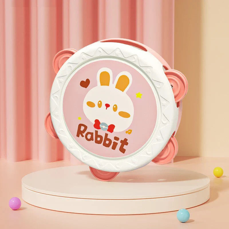 Pink and white plastic tambourine with cartoon rabbit design for baby musical instruments hand development interactive drum toys montessori