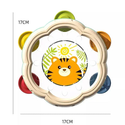 Children’s tambourine drum toy with beige plastic frame colorful jingles and tiger illustration for hand development interactive baby musical instruments Montessori learning toys