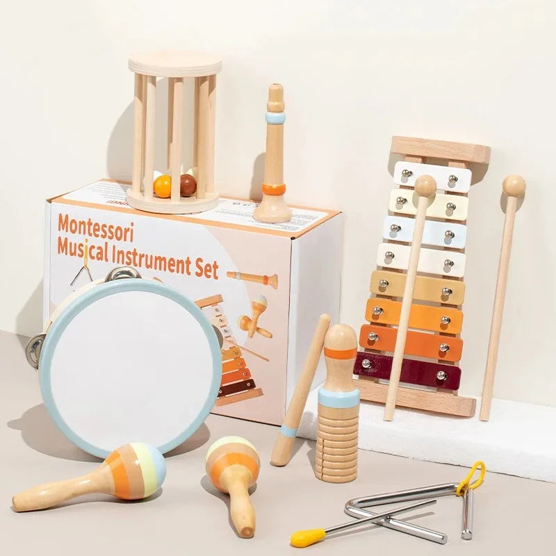 Wooden rainbow-colored xylophone with metal keys and natural frame, ideal baby musical instruments montessori educational gifts