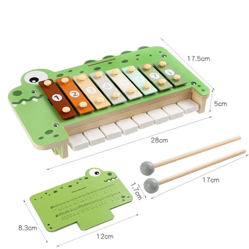 Green wooden crocodile-shaped xylophone with colorful numbered keys and mallets for baby musical instruments montessori educational gifts