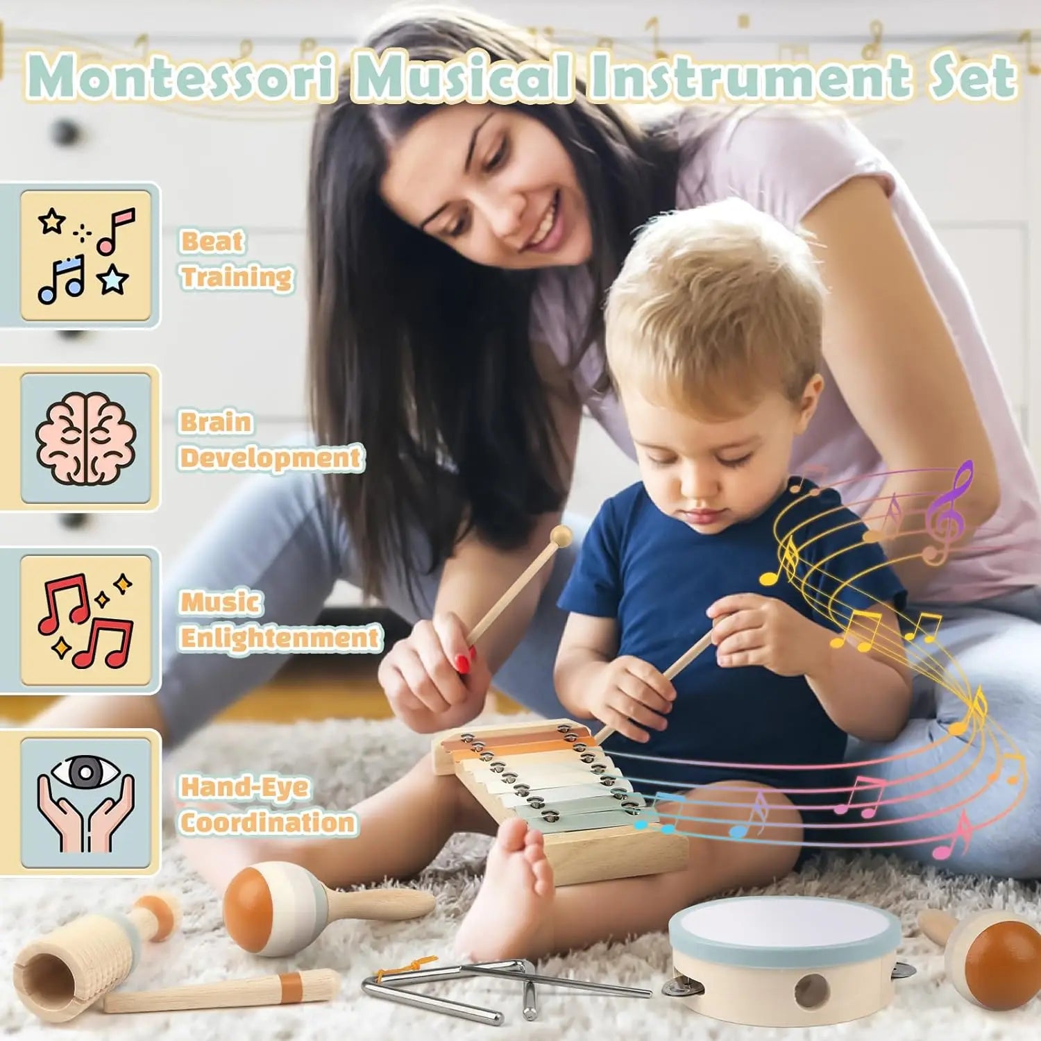 Wooden xylophone with colorful keys natural wood frame baby musical instruments montessori educational gifts for toddlers