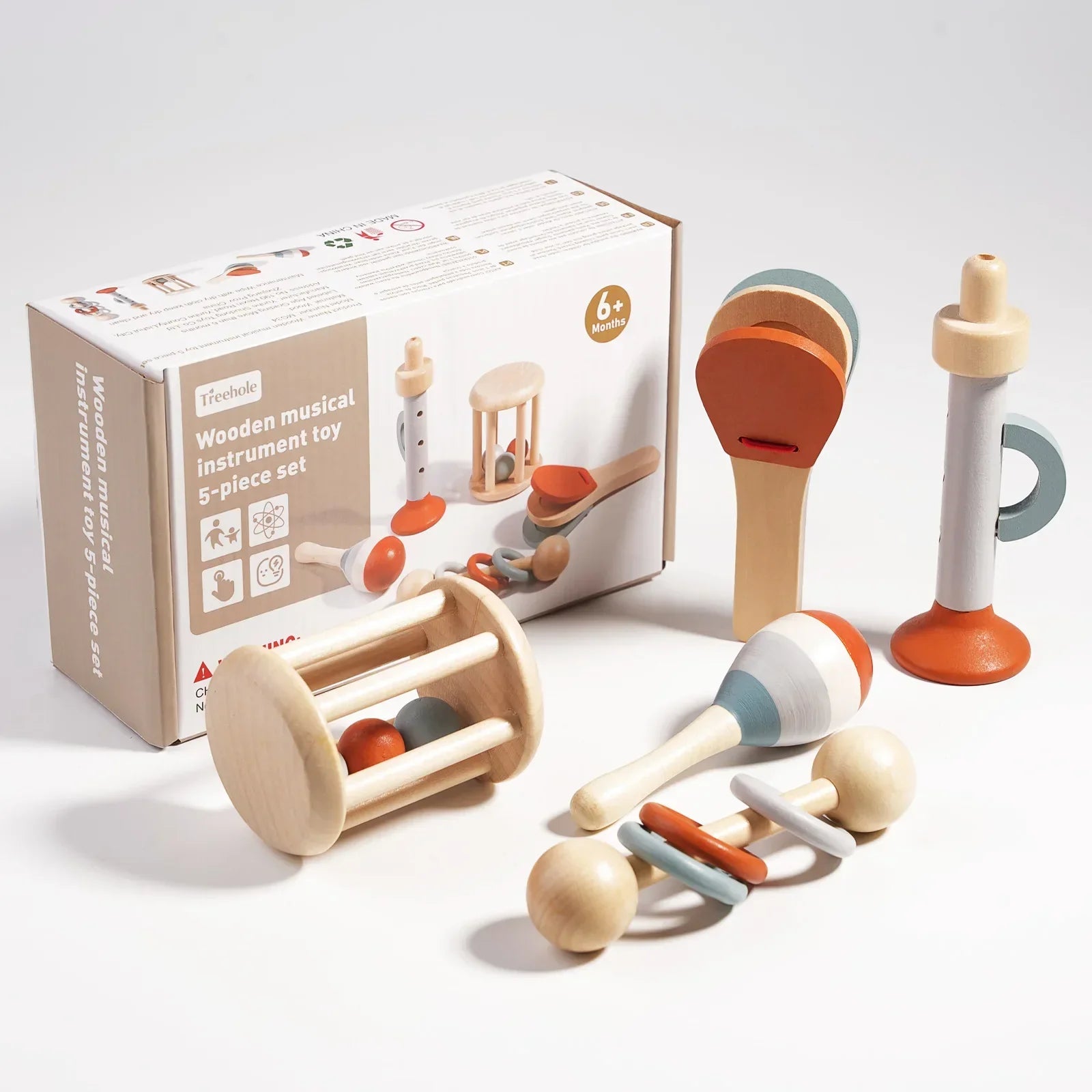 Wooden baby musical instruments montessori toy set with pastel accents and natural finish for educational gifts
