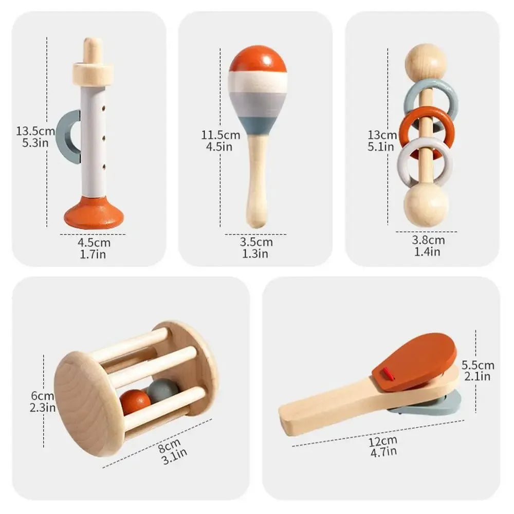 Wooden baby rattle with orange white and gray striped ball on light wood handle for musical instruments montessori gifts