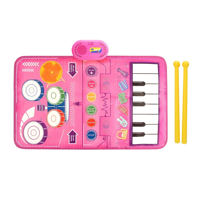 Pink baby musical piano drum play mat with colorful keyboard, small speaker, and yellow drumsticks for toddlers floor use