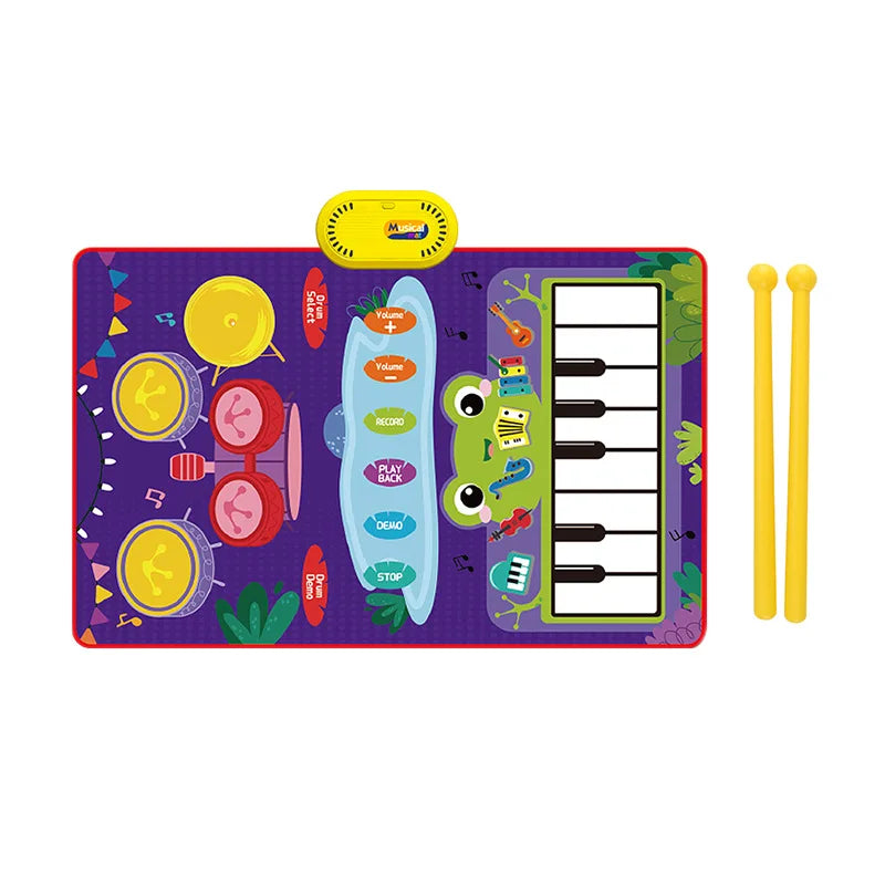 Purple baby musical piano drum play mat with green frog, colorful keys, yellow panel, and two yellow drumsticks for toddlers floor keyboard play