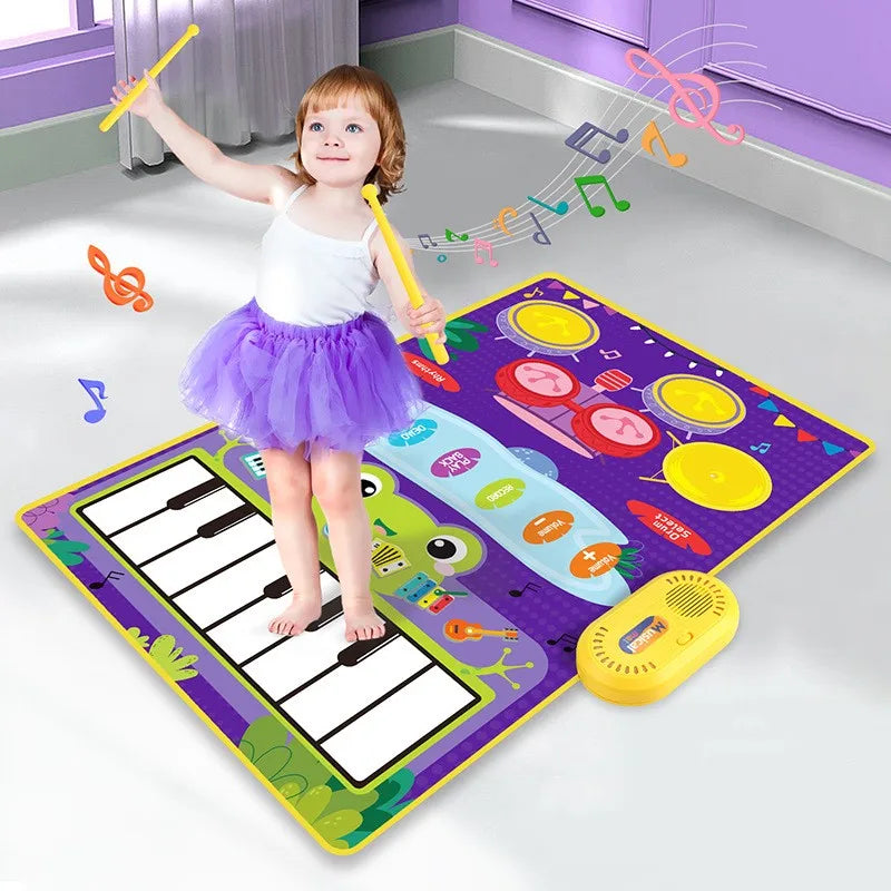 Purple baby musical piano drum play mat with piano keyboard, drum pads, and colorful cartoon graphics for toddlers floor keyboard use