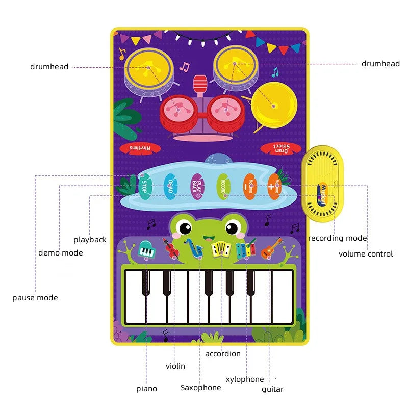 Purple baby musical piano drum play mat with frog character and colorful toddlers floor keyboard for interactive play