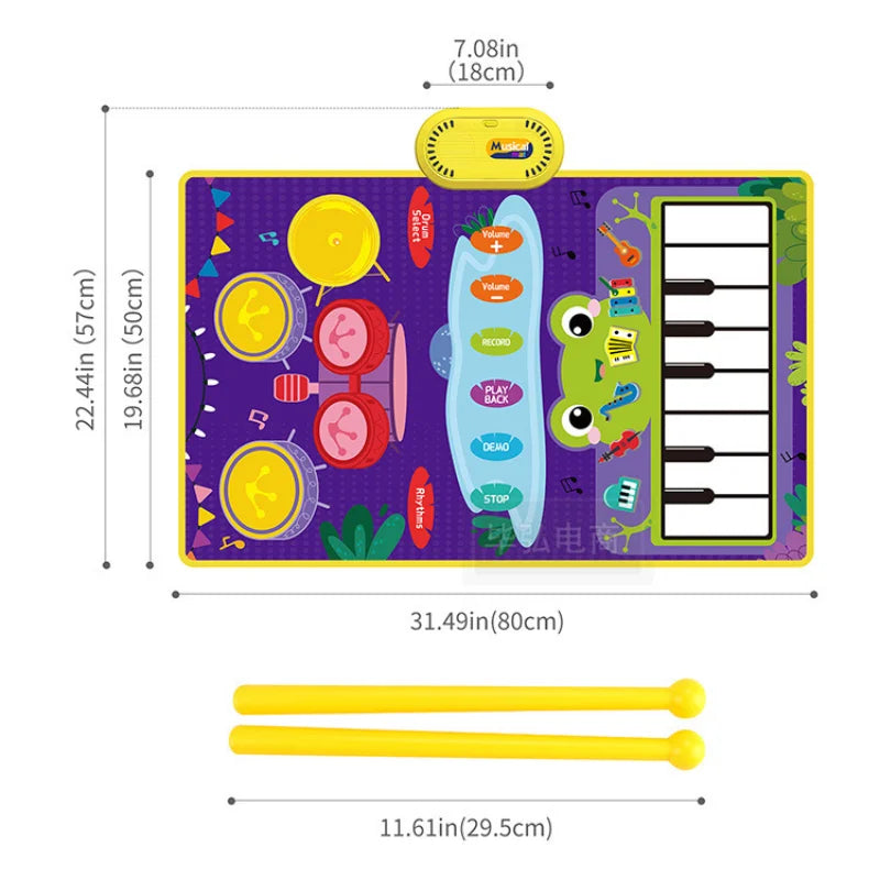 Purple baby musical piano drum play mat with green frog, yellow and red drum pads, white keys, and yellow drumsticks