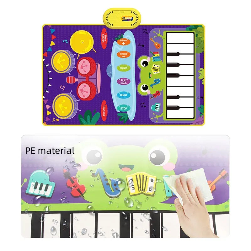 Purple and green baby musical piano drum play mat with frog character colorful keys and pe material for toddlers floor keyboard