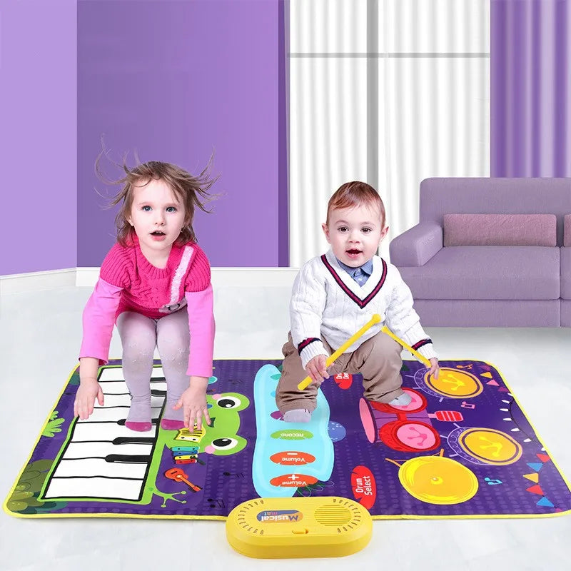 Purple baby musical piano drum play mat with black and white keys, colorful pads, green frog, and yellow speaker for toddlers