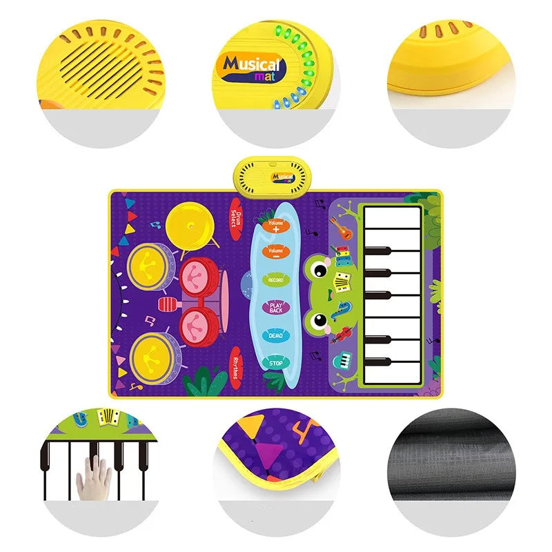 Purple baby musical piano drum play mat with yellow and red pads, white keys, green frog, and blue control panel for toddlers