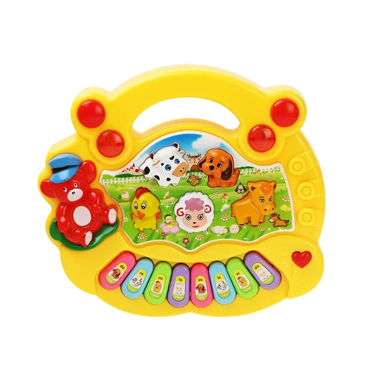 Yellow plastic baby musical toy kids piano keyboard with colorful letter keys and animal sound instrument early educational