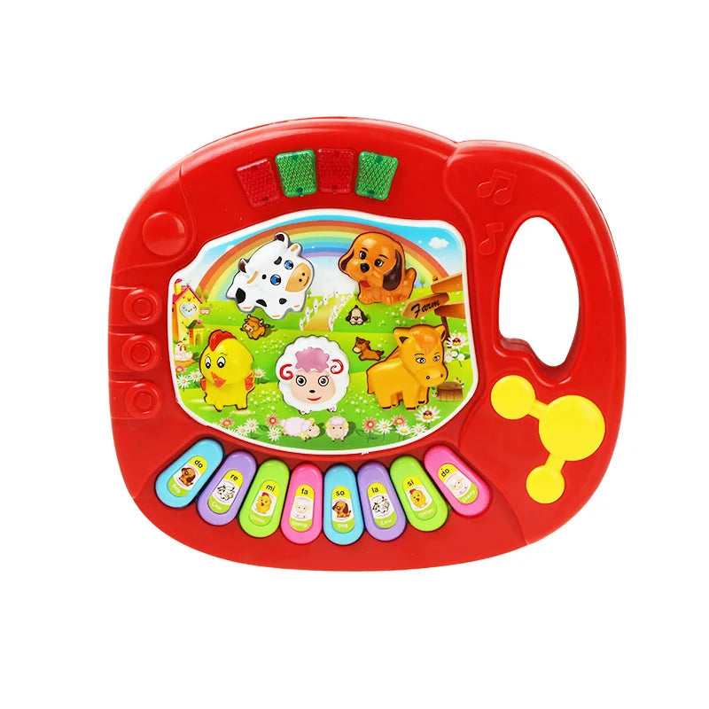 Red plastic baby musical toy keyboard electric flashing with colorful animal sound kids piano buttons and rainbow illustration