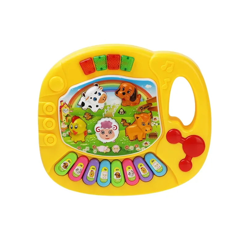 Yellow plastic baby musical toy keyboard electric flashing with colorful animal sound kids buttons and rainbow screen