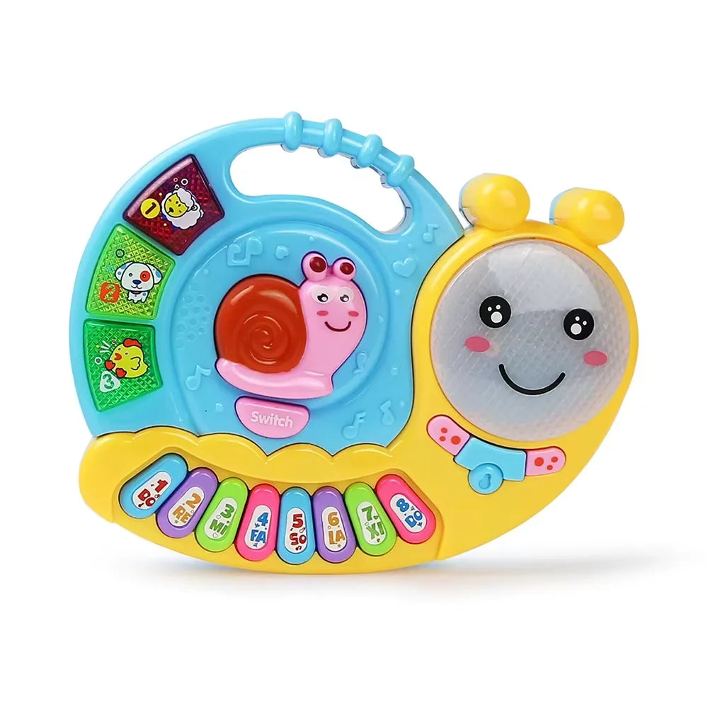 Brightly colored baby musical toy with blue shell yellow body pink face and colorful keys sound kids piano keyboard electric flashing