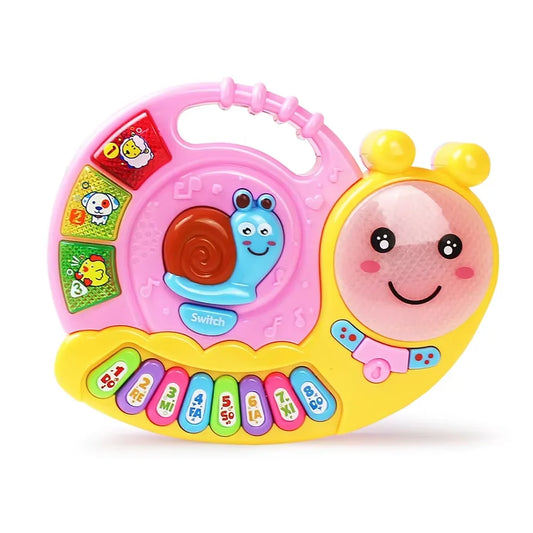 Pink and yellow snail-shaped kids piano keyboard with colorful keys and animal sound buttons for early educational use