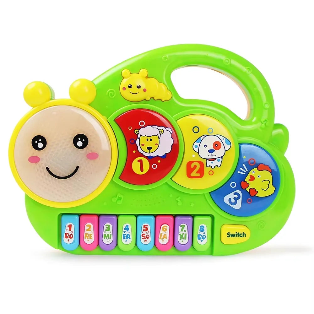 Bright green plastic kids piano keyboard shaped like a caterpillar with animal sound buttons instrument early educational toy