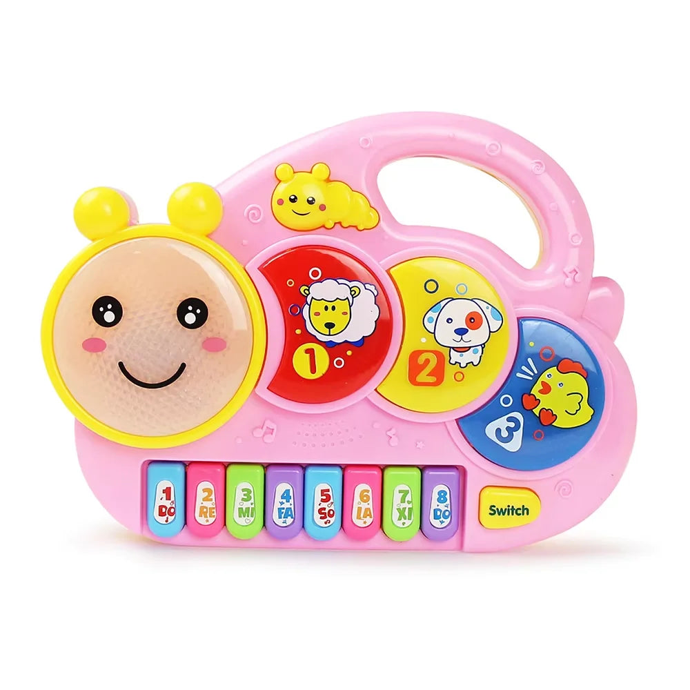 Pink plastic caterpillar-shaped baby musical toy keyboard electric flashing with colorful animal sound kids piano buttons