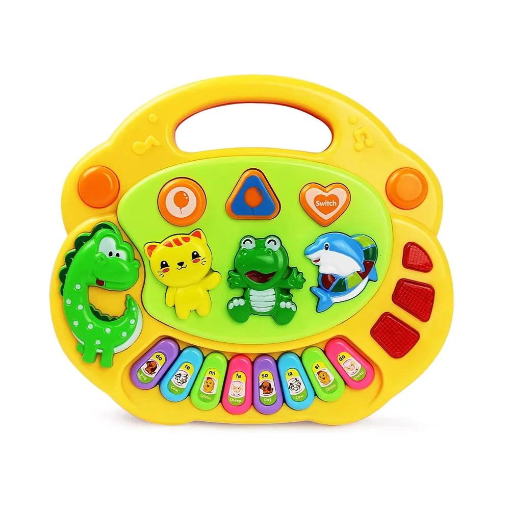 Bright yellow plastic kids piano keyboard with colorful animal sound buttons and handle, an instrument early educational toy