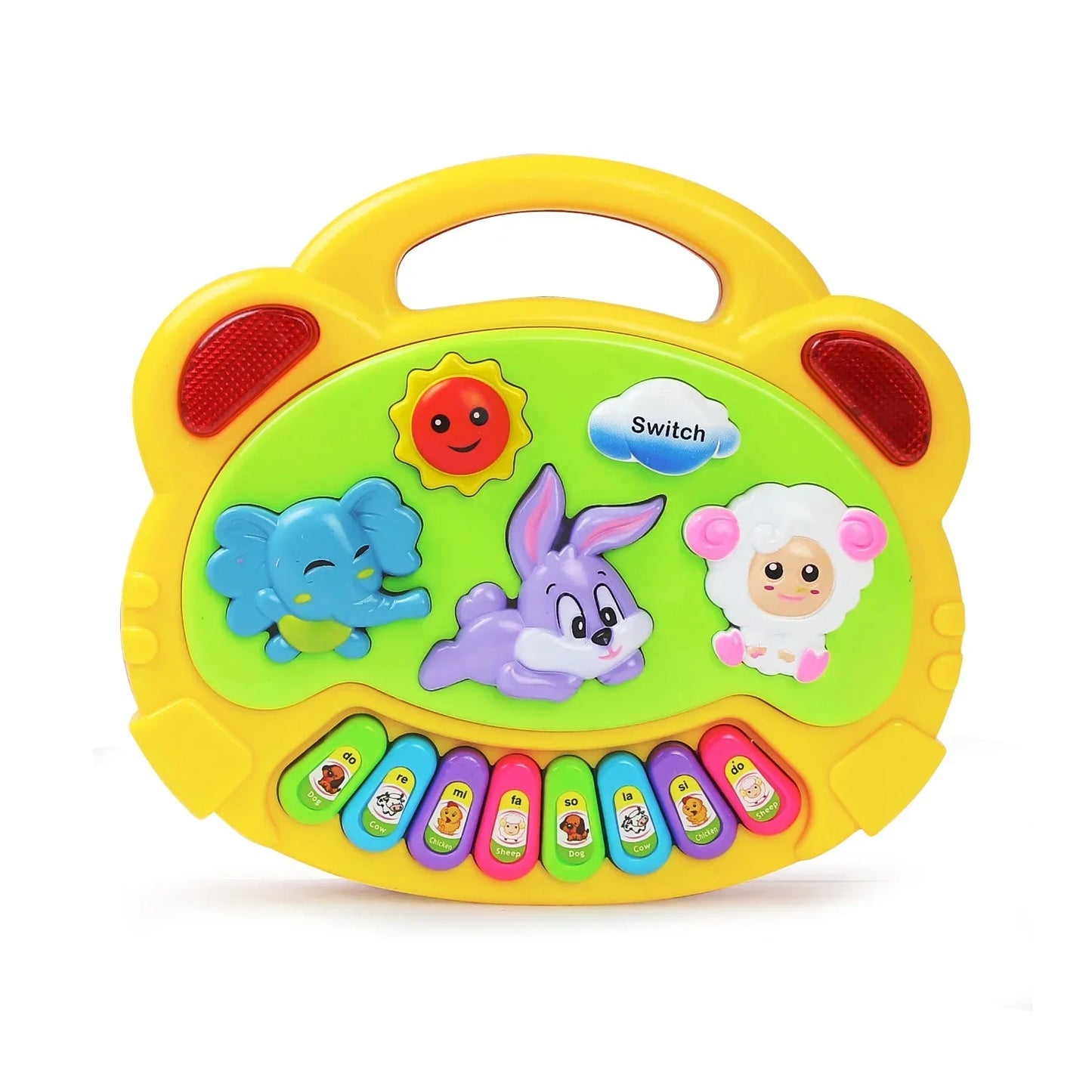 Yellow plastic baby musical toy kids piano keyboard with colorful animal sound buttons and smiling sun design