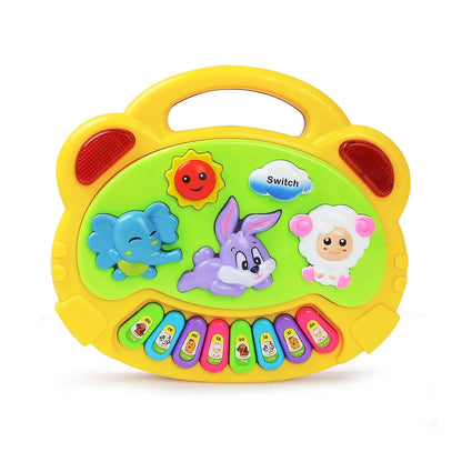 Yellow plastic baby musical toy kids piano keyboard with colorful animal sound buttons and smiling sun design