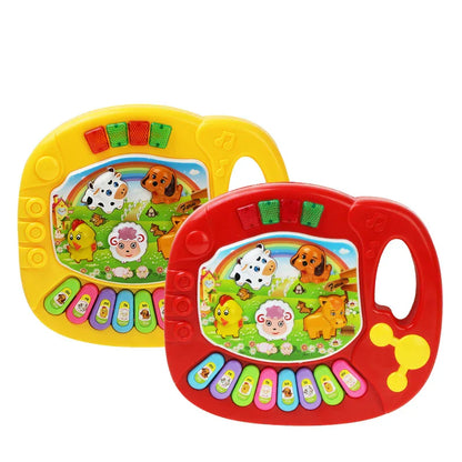 Bright yellow and red animal sound kids piano keyboard electric flashing toy with colorful animal illustrations for children