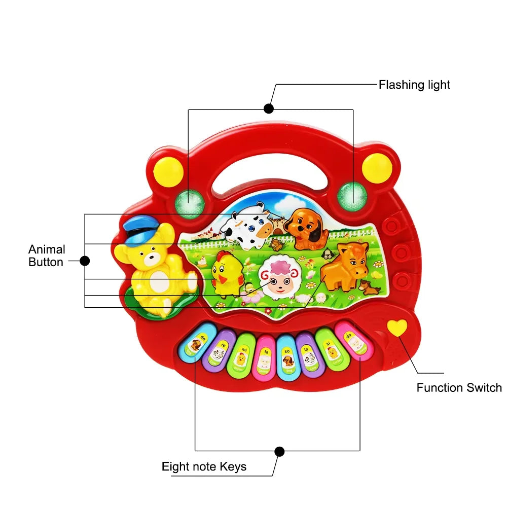 Red plastic baby musical toy keyboard electric flashing with colorful animal sound kids buttons and eight note keys