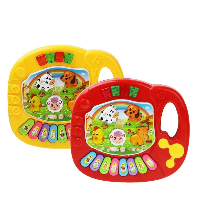 Red and yellow plastic baby musical toy with animal sound kids piano keyboard electric flashing buttons and rainbow design