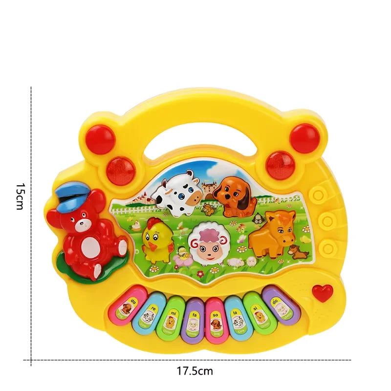 Yellow plastic baby musical toy kids piano keyboard with colorful animal sound keys and red bear figure side instrument early educational