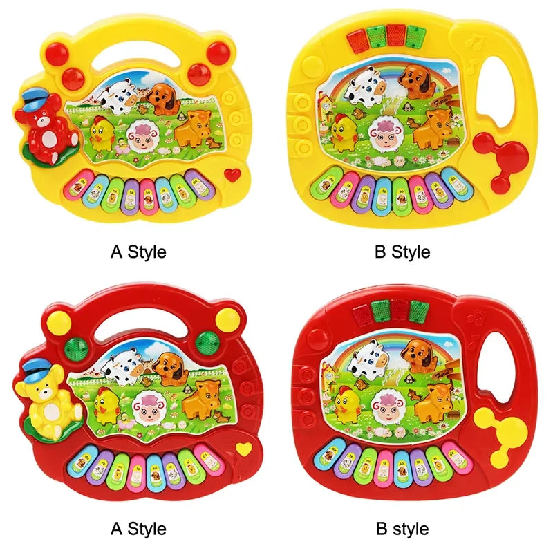Yellow and red plastic kids piano keyboard with rainbow keys and animal sound kids illustrations for instrument early educational use