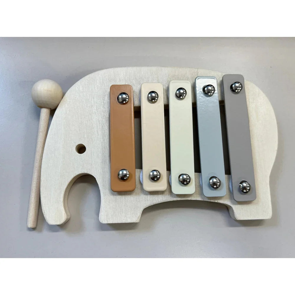 A wooden elephant-shaped xylophone with five colored bars in beige tan off-white light blue and gray for baby musical toys educational instrument playthings