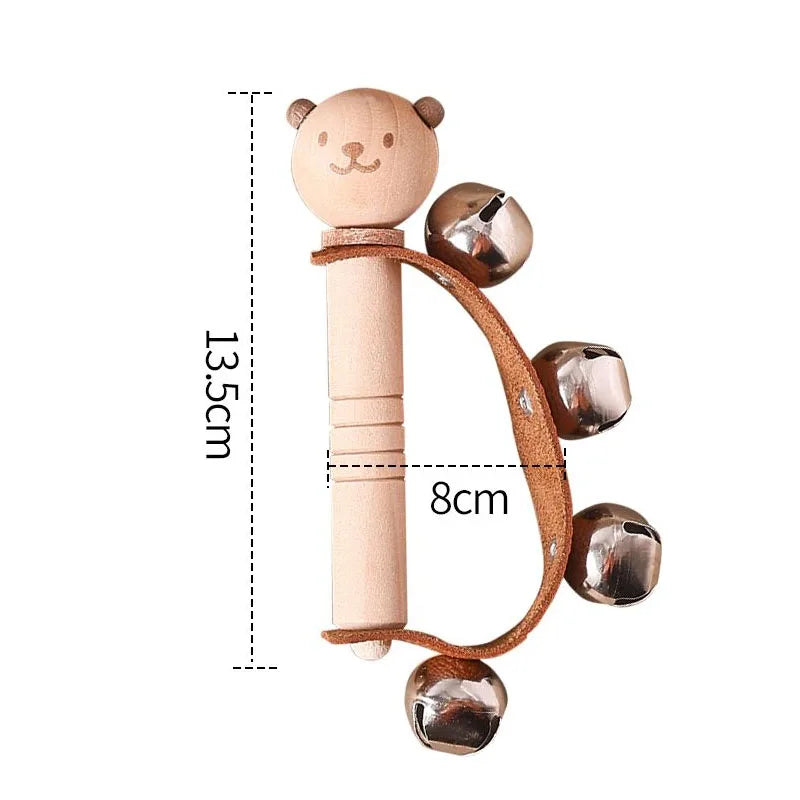 A light wood bear rattle with four metallic bells attached by a leather strap baby musical toys educational instrument playthings