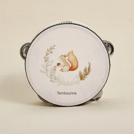 White tambourine baby musical toy with squirrel illustration black trim metallic jingles educational instrument plaything