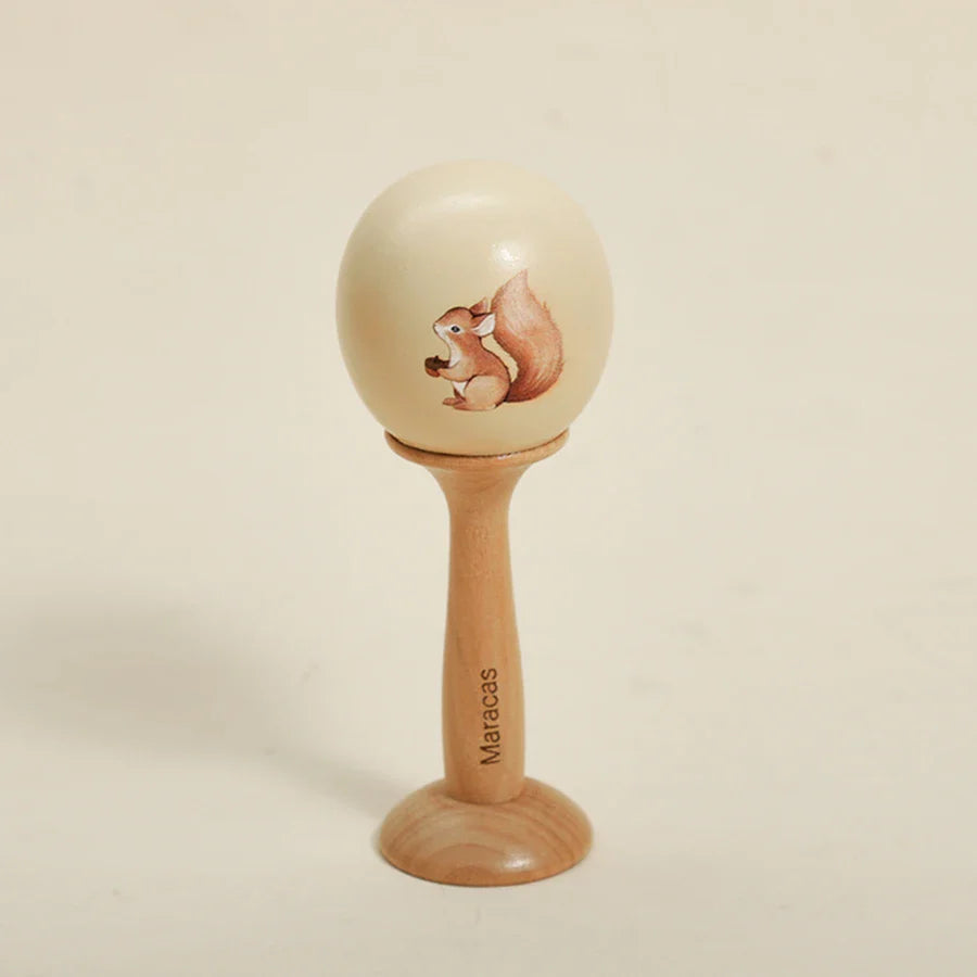 Cream-colored wooden maraca baby musical toy with hand-painted squirrel design for educational instrument playthings